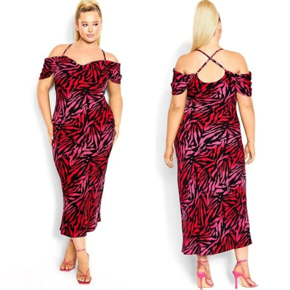 NWT City Chic Mariah Vibrant Zebra Print Cold Shoulder Maxi Dress 22 - Picture 1 of 10